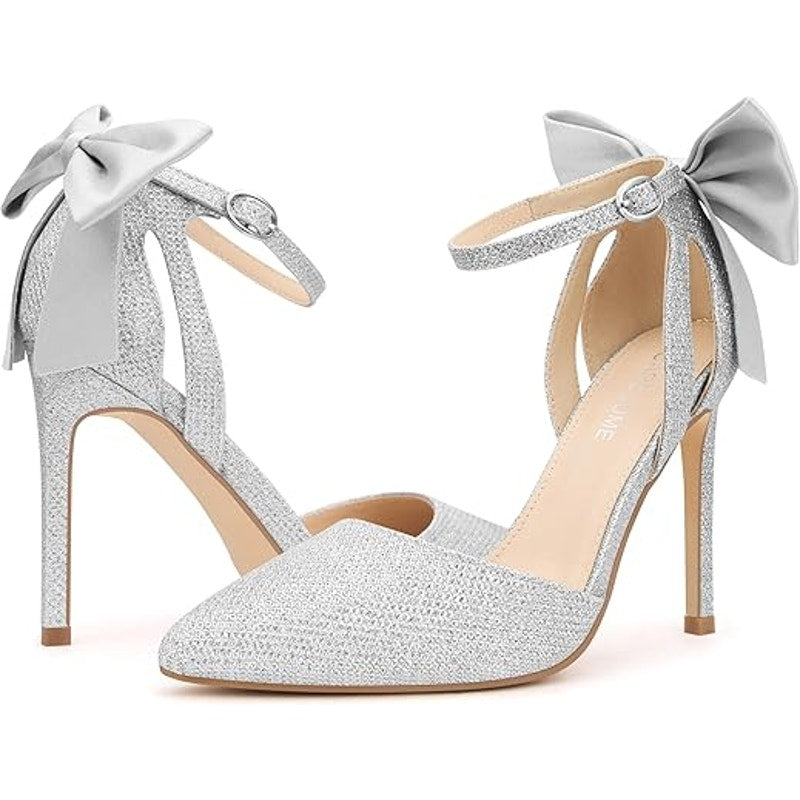 Carcuume Womens Size 8 Glitter Bow 4" High Heels Closed Toe Pumps Stiletto Shoes