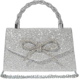 Womens Silver Sparkly Glitter Bow Clutch Shoulder Dressy Evening Purse Handbag