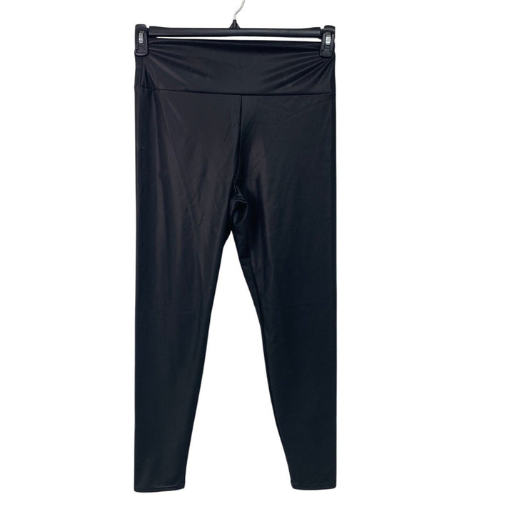 Womens XL Shiny Black Faux Leather Spandex Workout Long Hot Pants Legging