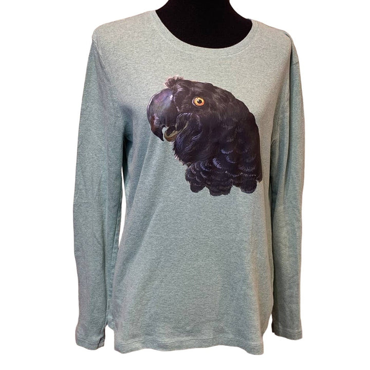 Upcycled Hand Printed Womens Large Black Parrot Bird Ukraine Fundraiser Tee