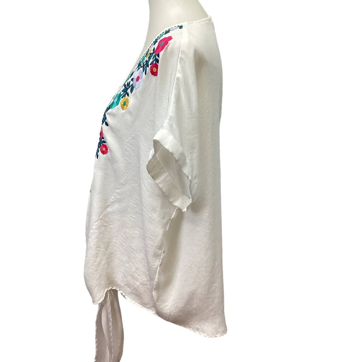 FSL + Apparel Medium Floral Embroidered Deep V-Neck Short Sleeve Polyester Top