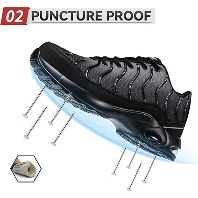 Larnmern Mens 11 Blue Black Steel Toe Air Cushion Breathable Lace Up Work Shoes