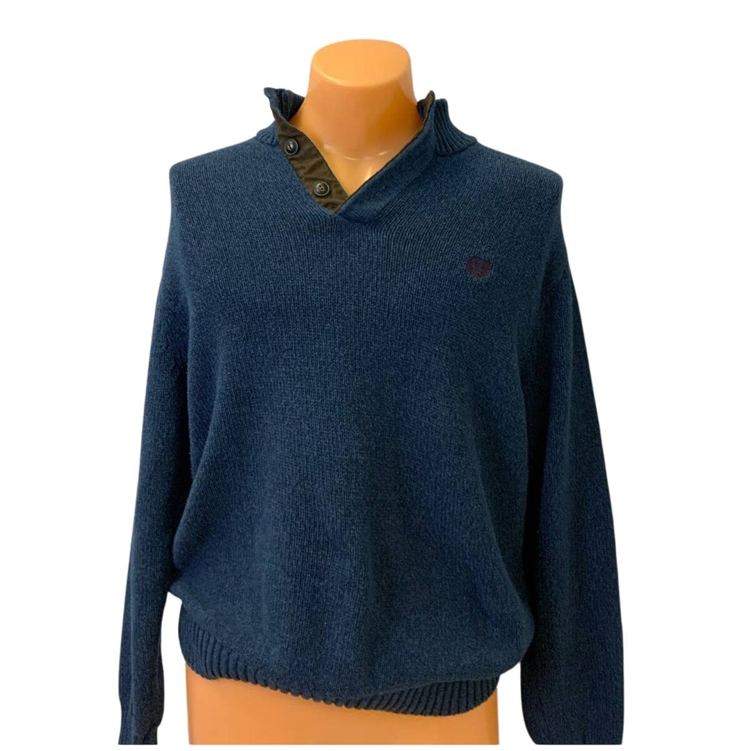 Chaps XL 1/4 Button Navy Blue 100% Cotton Knit Sweater w Leather Elbow Patches