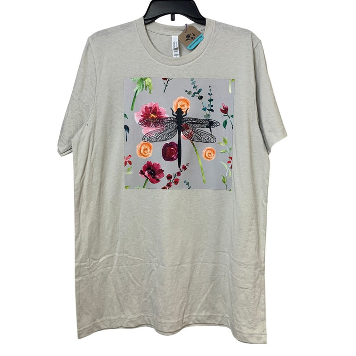 New Upcycled Hand Printed Womens Large Wildflower Dragonfly Short Sleeve Tee