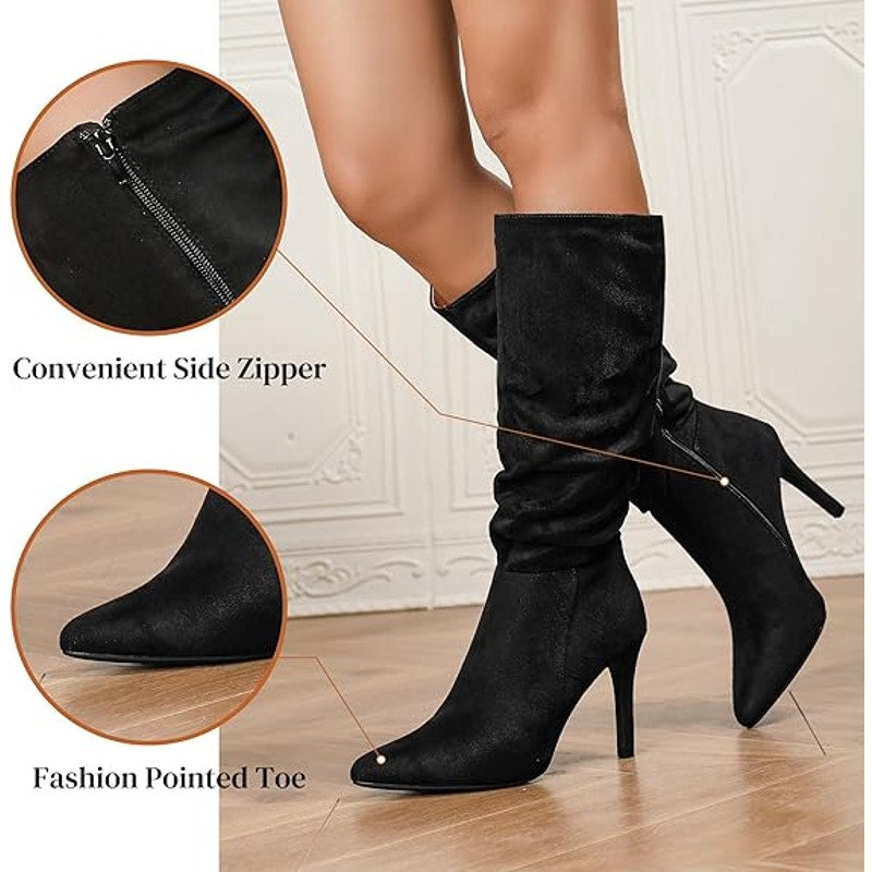 Womens Size 6.5 Black Faux Suede Slouch Stiletto Heel Knee High Pointy Toe Boots