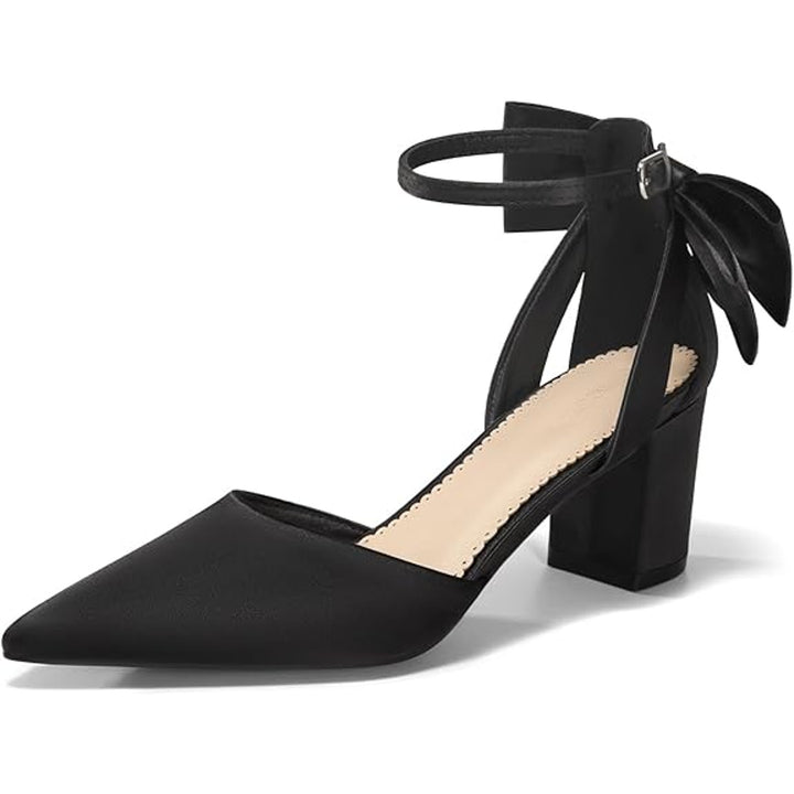 Coutgo Womens 7.5 Black 2.5" Heels Back Bow Closed Pointed Toe Ankle Strap Shoes