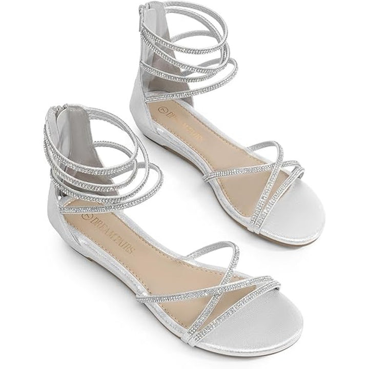 Dream Pairs Womens Size 8 Ankle Strap Silver Gladiator Rhinestone Flat Sandals