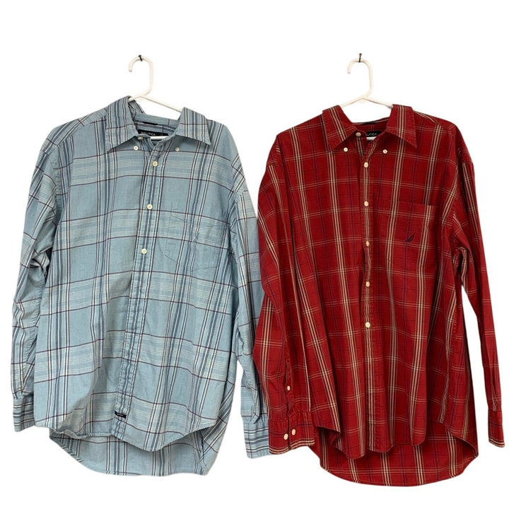 Lot of 2 Nautica Mens Large Plaid Long Sleeve Collared Button Up Shirts