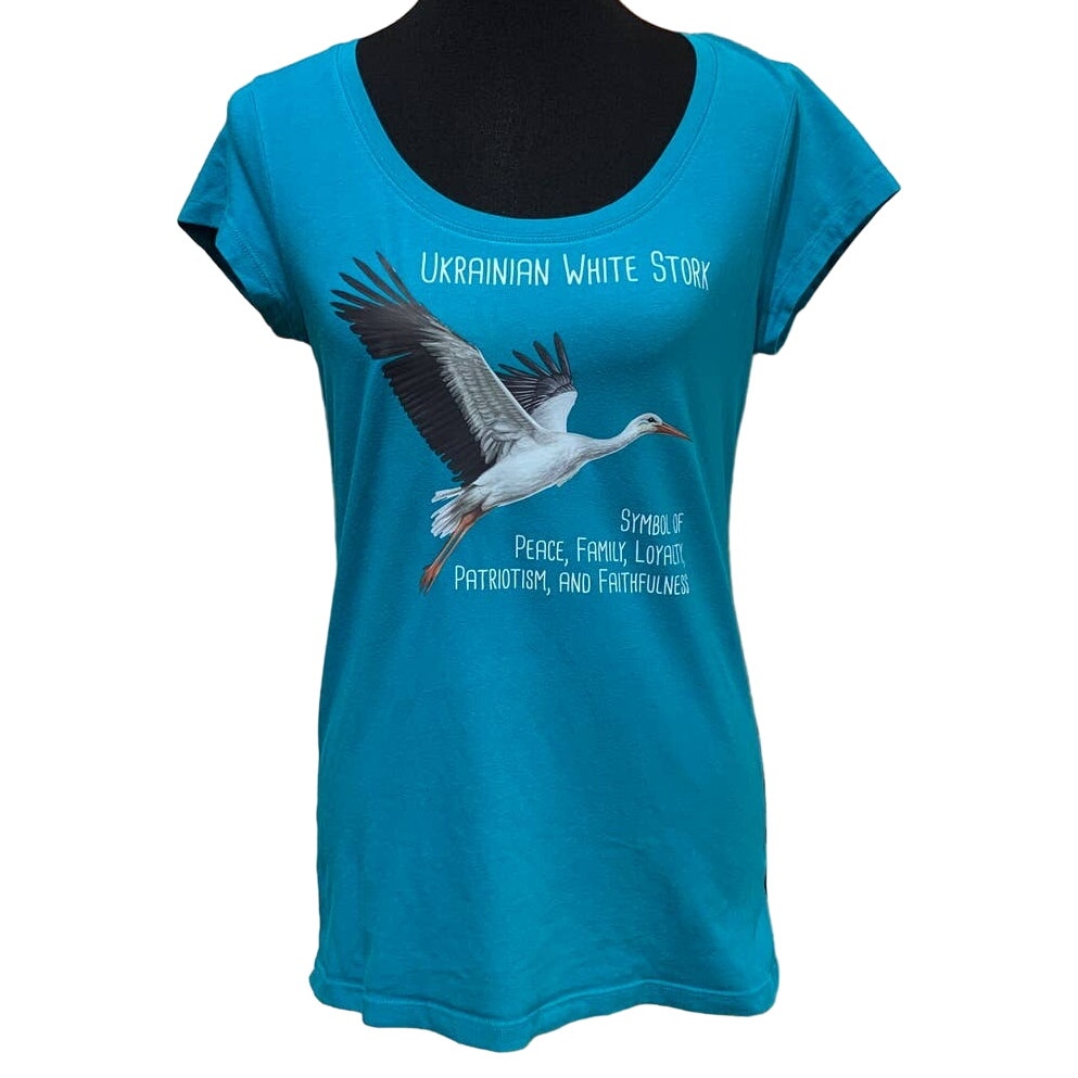 Upcycled Hand Printed Large Ukraine Flag Stork Bird Slava Ukraini Artist Tee