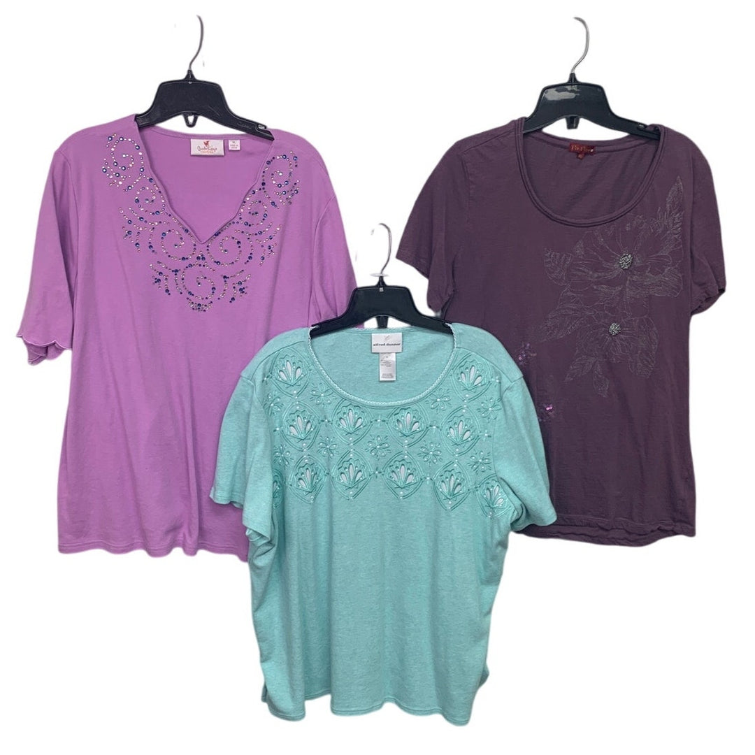 Lot of 3 Womens XL Green Purple Bling Floral Short Sleeve Summer Tops Shirts