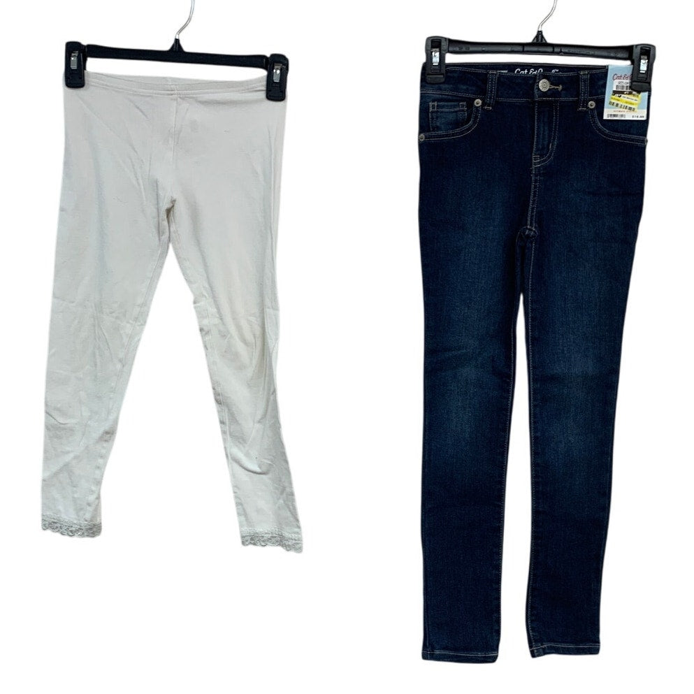 Lot of 2 Cat &amp; Jack Old Navy Girls Large (10/12) white Leggings Denim Blue Jeans