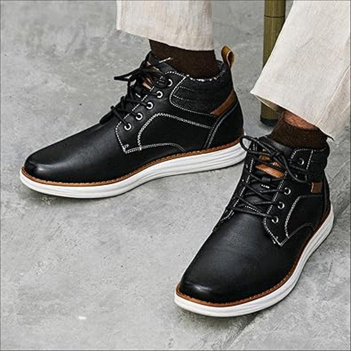 New Bruno Marc Mens 9 Black Faux Leather Mid Top Chukka Sneaker Lace Up Shoes