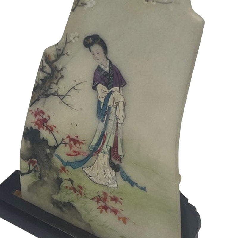 Set of 2 Vintage Soapstone Hand Painted Geisha Girls Cherry Blossom Art