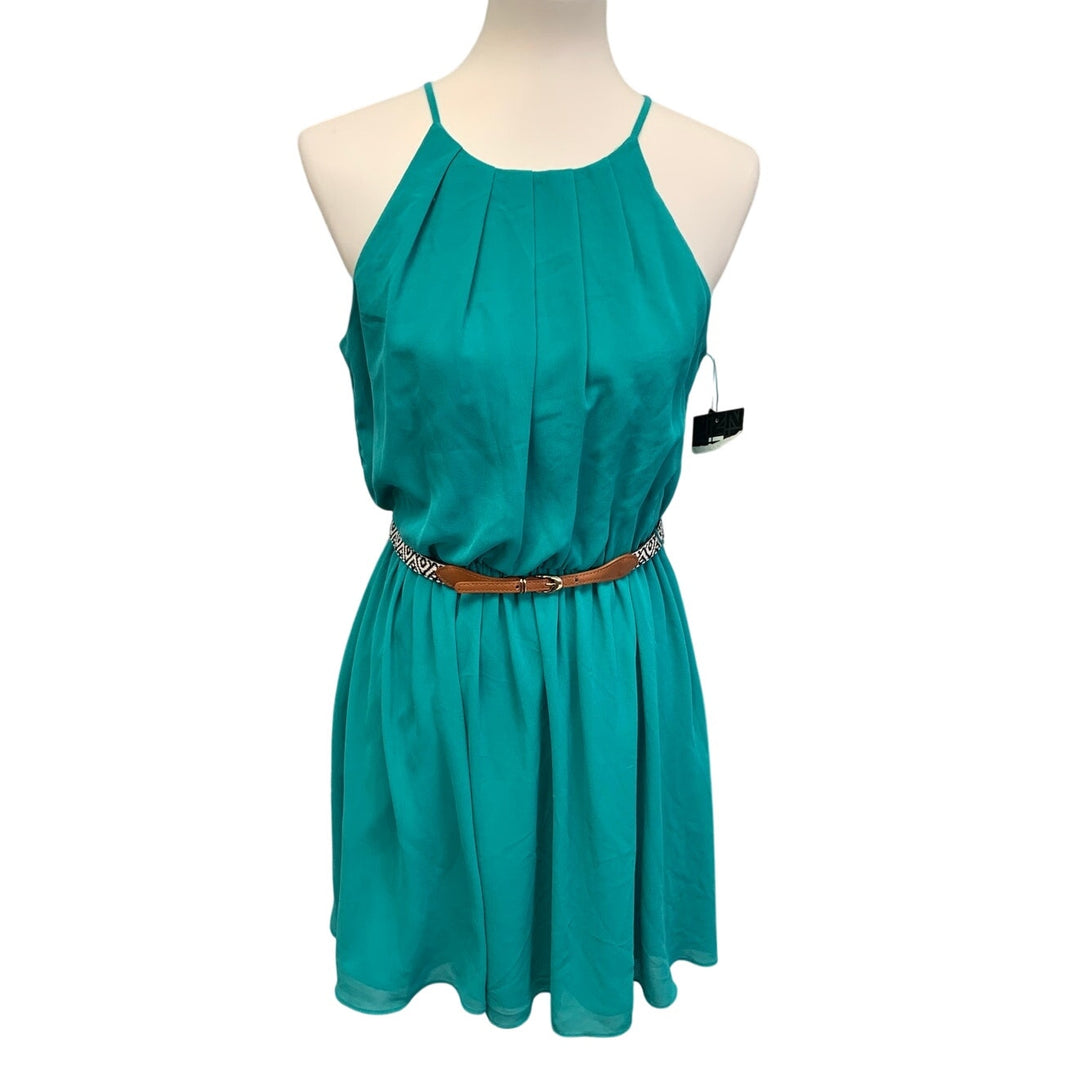 New Iz Byer Womens Medium Halter Neckline Belted Pleated Front Knee Length Dress
