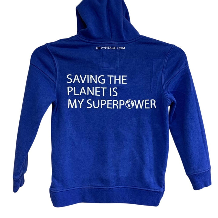 Hand Printed Upcycled Boys Small Saving the Planet is My Superpower Hoodie