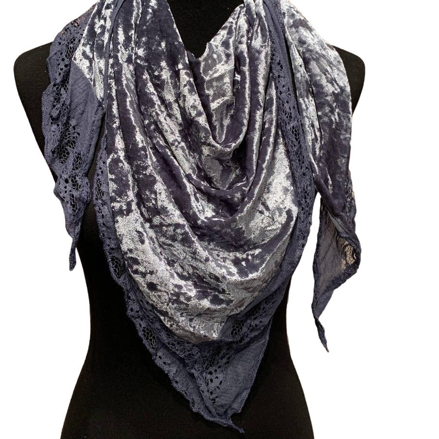 New David &amp; Young Velour Soft Silver Blue Lacy Triangle MultiStyle Fashion Scarf