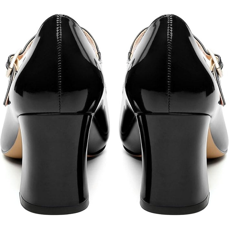 Gofourthat Womens Size 8.5 Black Shiny Faux Leather Closed Toe 2.5" Heel Shoes