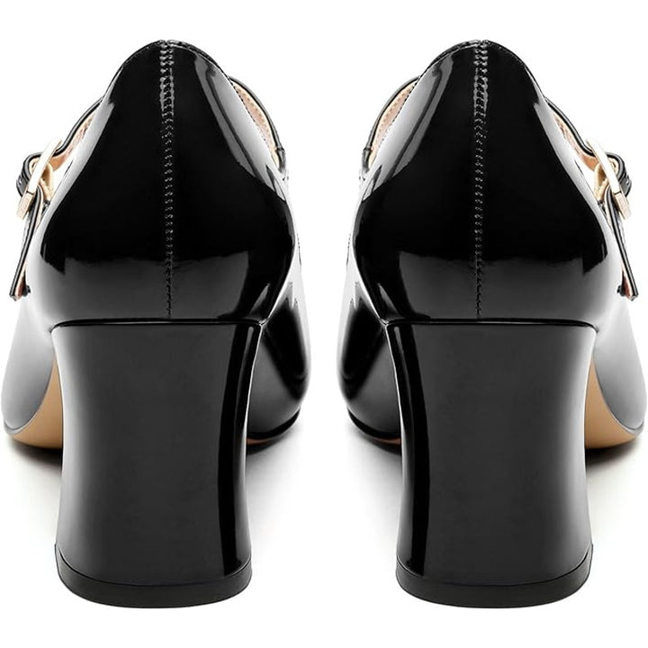 Gofourthat Womens Size 8.5 Black Shiny Faux Leather Closed Toe 2.5" Heel Shoes