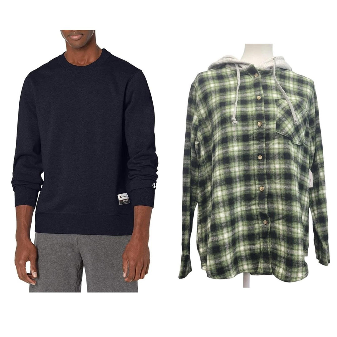 New Champion Unisex Small Navy Pullover Sweatshirt w Bonus Plaid Flannel Hoodie