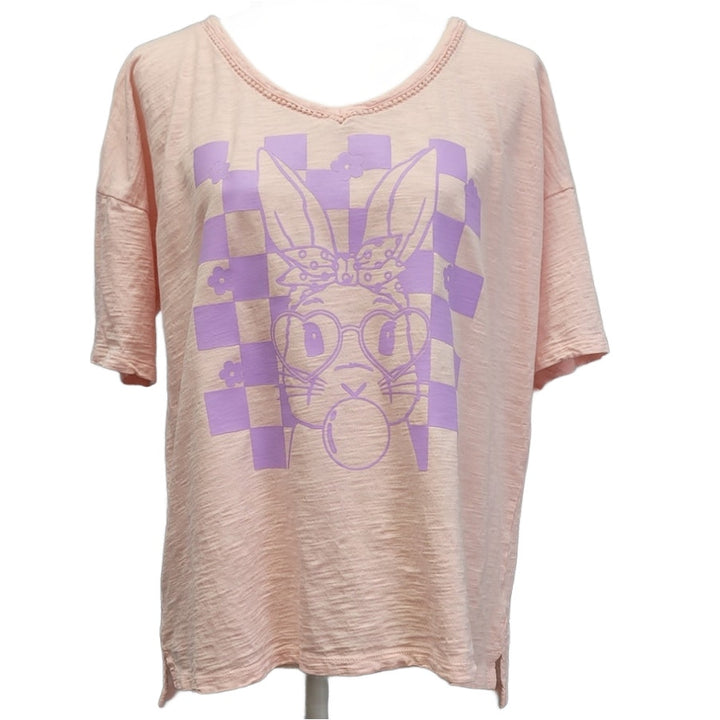 Hand Printed Upcycled Womens XL Easter Bunny Blowing Bubble Lace Detail Shirt