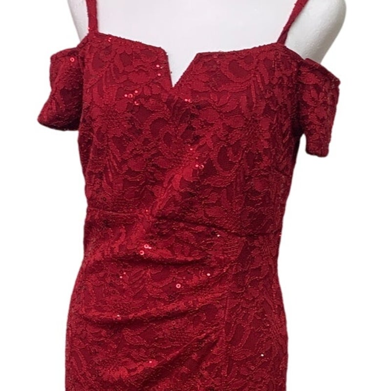 NWT New Candalite Womens Small Floral Sequin Cold Shoulder Lined Maxi Dress