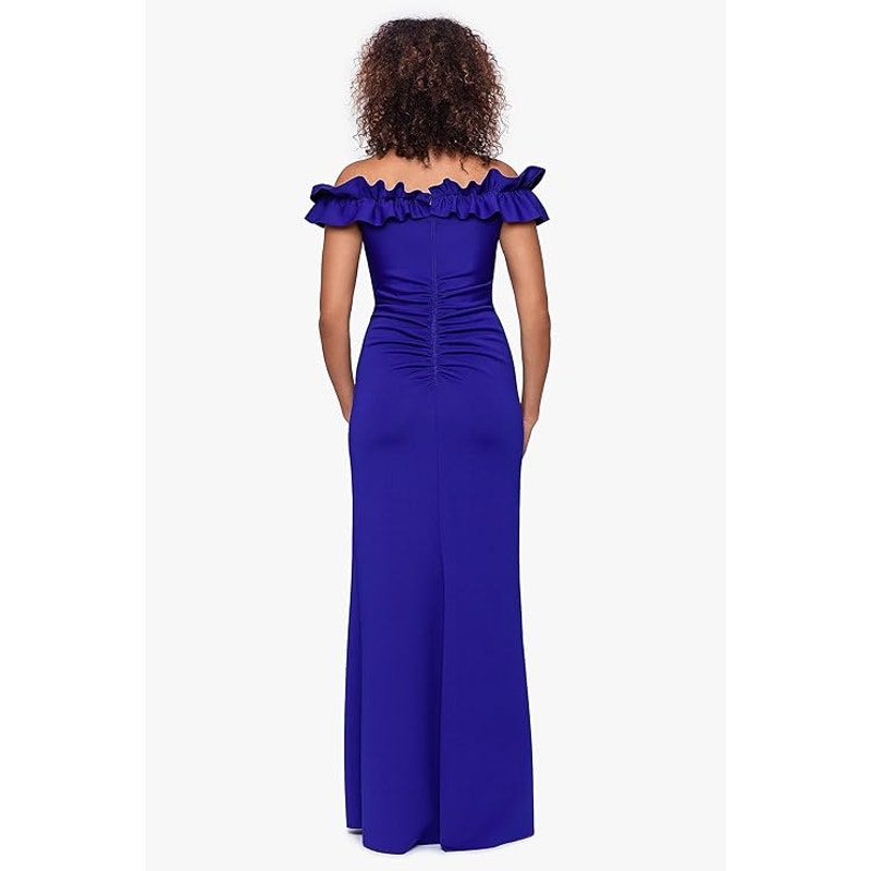 Xscape Womens 14 Scuba Crepe Ruffle Collar Ruched Off The Shoulder Maxi Dress