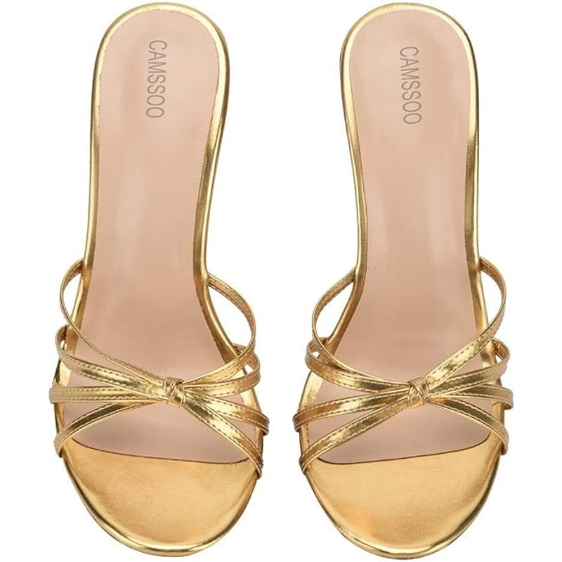 Camssoo Womens Size 8 Gold 4.5" Heels PU Leather Slip On Open Round Toe Shoes