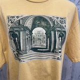Hand Printed Mens XL Upcycled Architecture Columns Castle Short Sleeve Tee Shirt