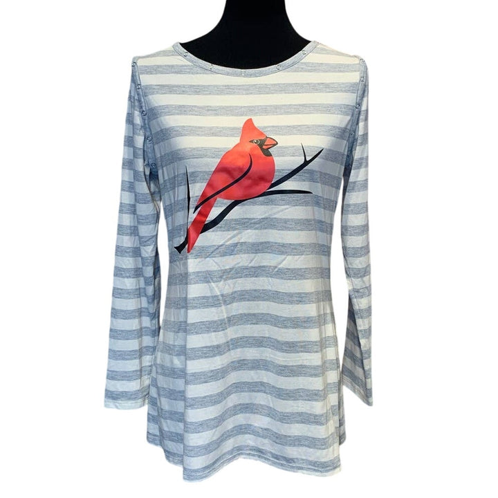 Handmade Upcycled Medium Red Cardinal Bird Removeable Snap Sleeve PolyBlend Tee