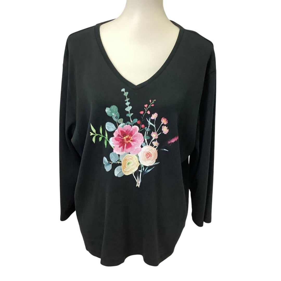 Hand Printed Womens 1X Upcycled Watercolor Summer Flower Peony Aster Bouquet Tee