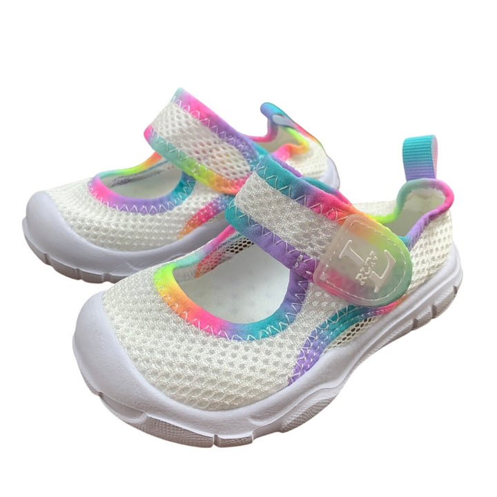 New L-Run Toddler Girl Size 5.5 White Rainbow Mesh Non Slip Hook Loop Shoes