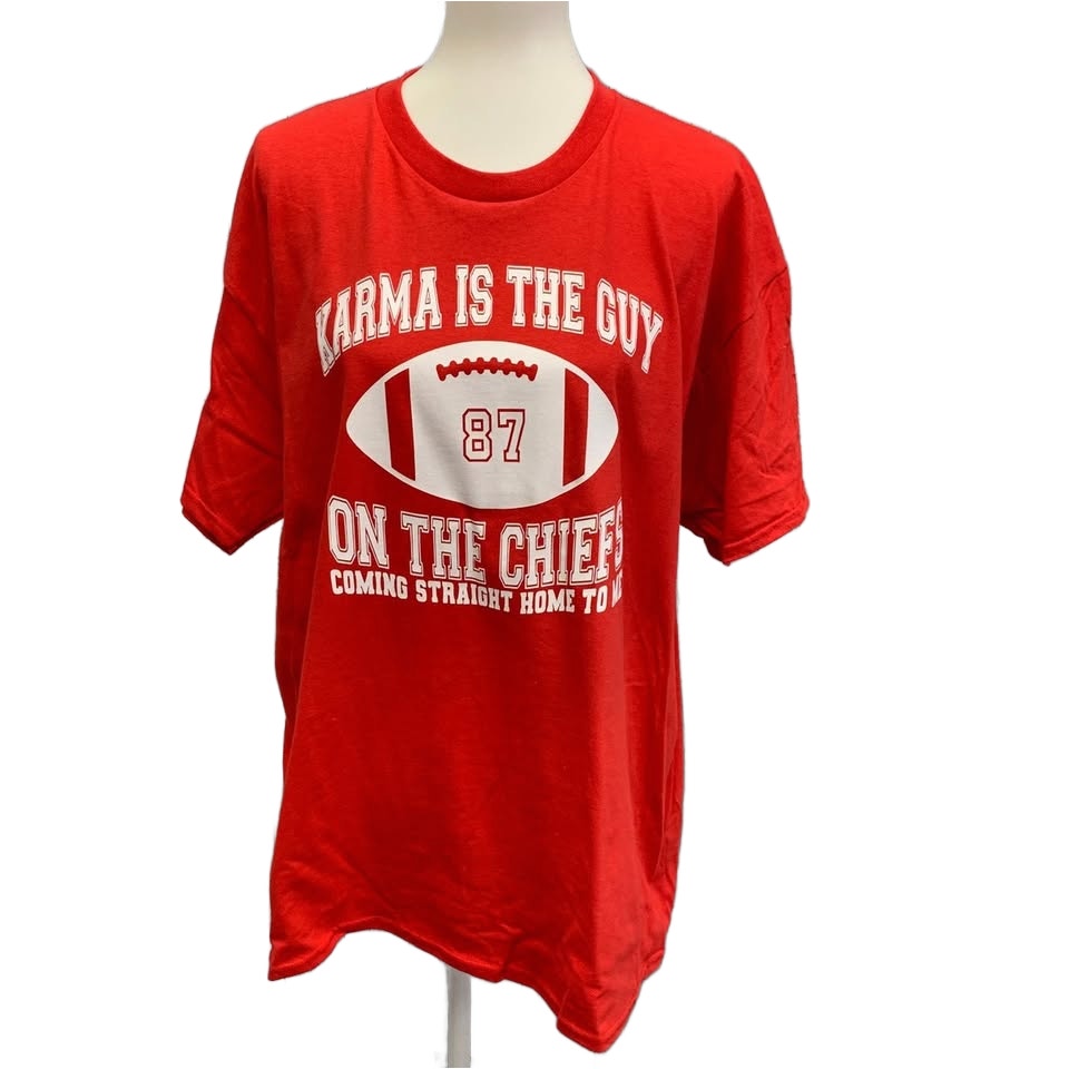 Hand Printed XL Swift Karma 87 Guy on Kansas City Chiefs Football Tee Shirt