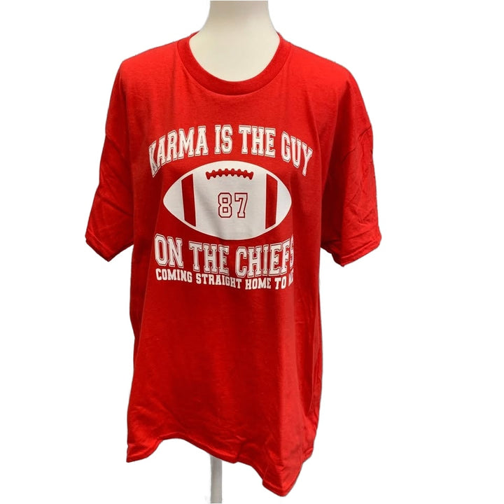 Hand Printed XL Swift Karma 87 Guy on Kansas City Chiefs Football Tee Shirt