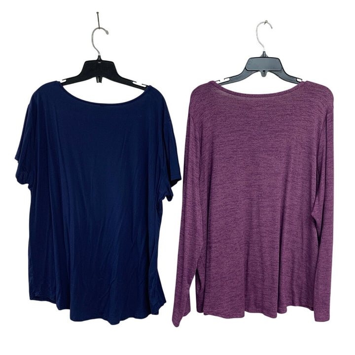 Lot of 2 Womens 2X Navy Heathered Purple Strappy Neck Long Short Sleeve Tops