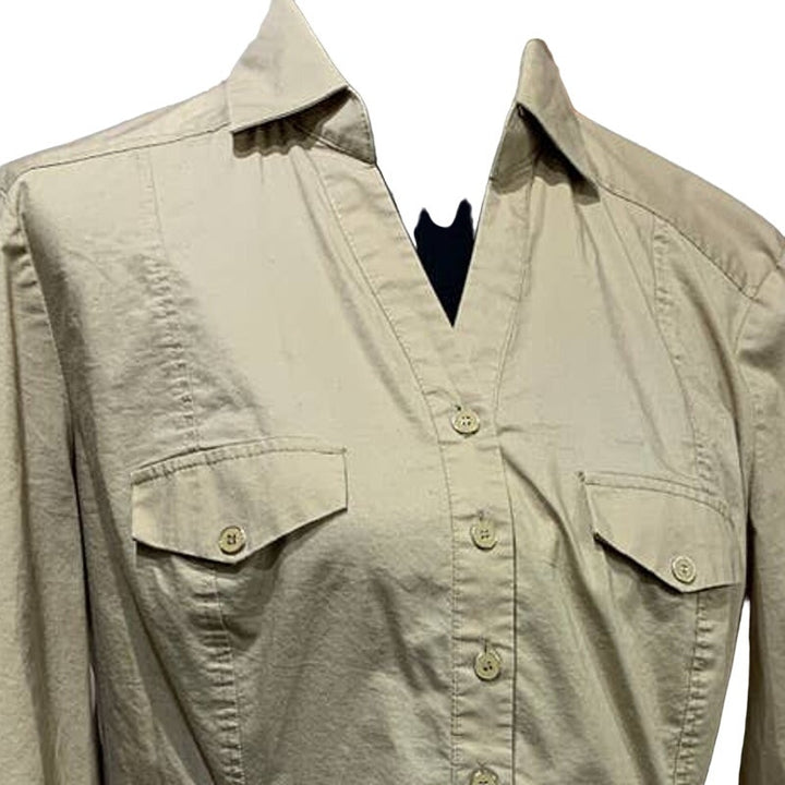 New York &amp; Company Stretch Large Tan Fitted Long Sleeve Half Button Down Blouse