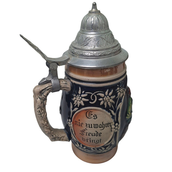 Vintage West Germany Wer Nicht German Ceramic Beer Stein w Hinged Metal Lid
