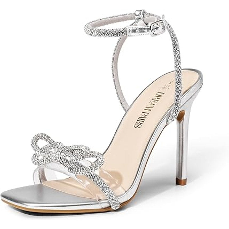 Dream Pairs Womens Size 8 Silver Sparkle Ankle Strap Open Toe 4.5" Heel Shoes