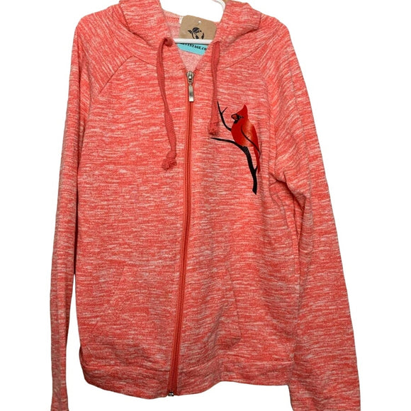 Hand Printed Upcycled Womens Small Cardinal Long Sleeve Full Zip Hoodie Jacket