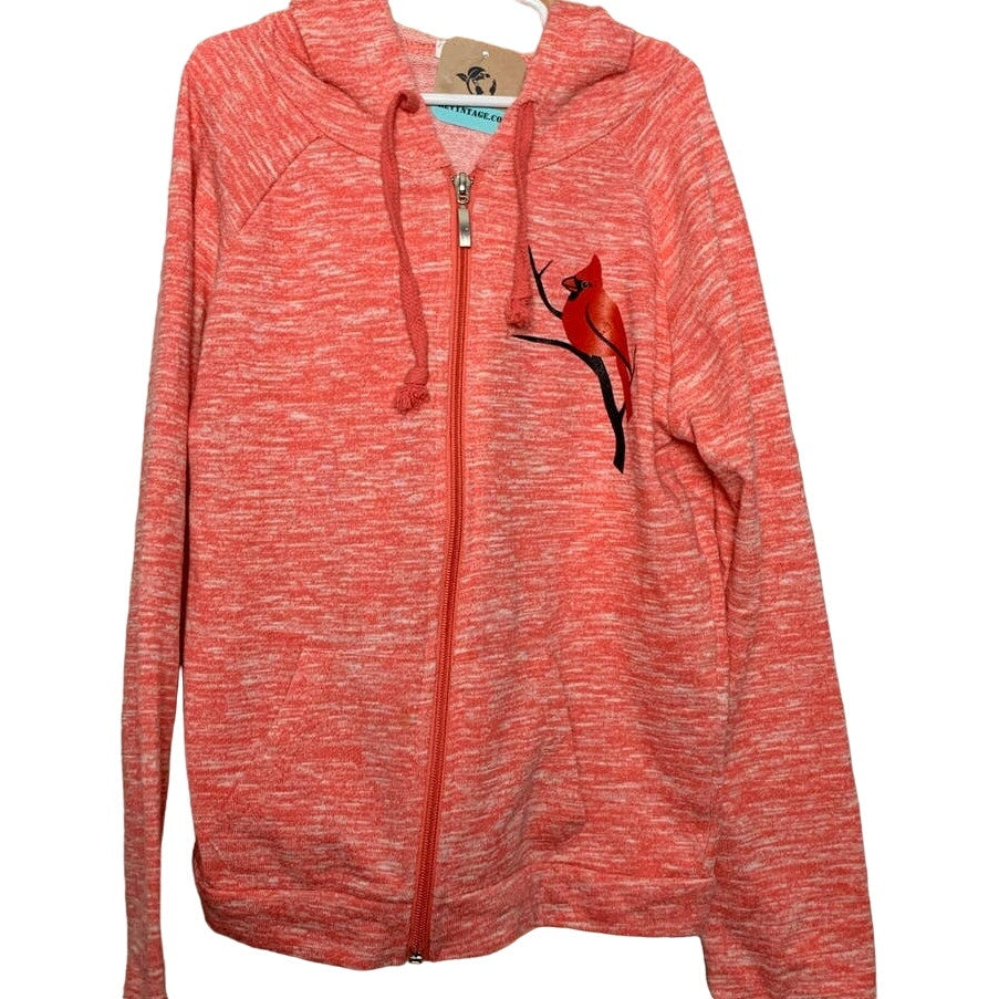 Hand Printed Upcycled Womens Small Cardinal Long Sleeve Full Zip Hoodie Jacket