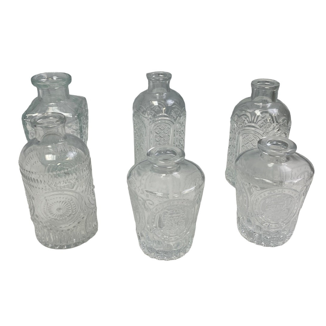 Lot of 6 New Clear Crystal Cut Glass Flower Bud Vase Set Round Squat Tall Bubble