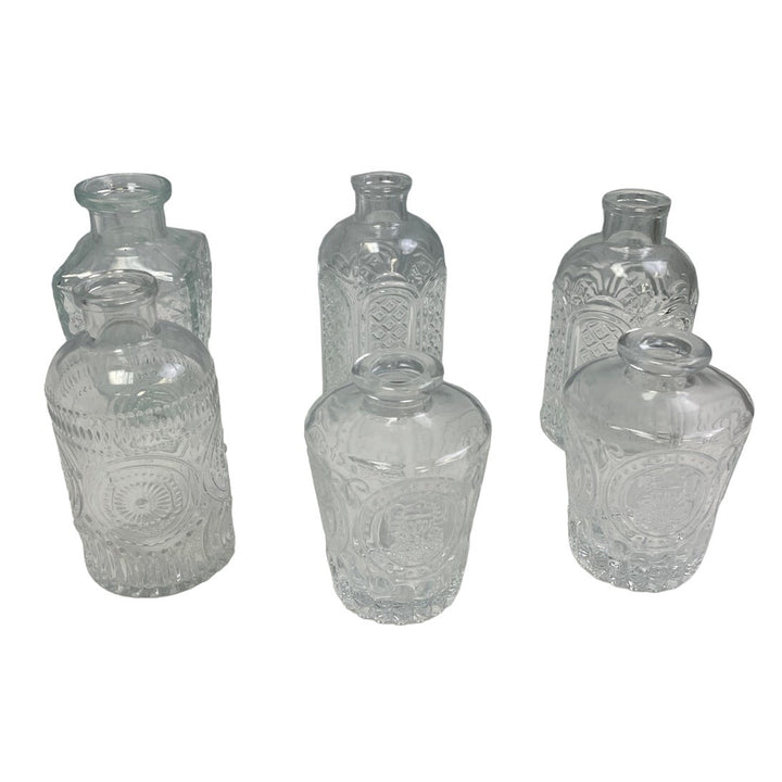 Lot of 6 New Clear Crystal Cut Glass Flower Bud Vase Set Round Squat Tall Bubble