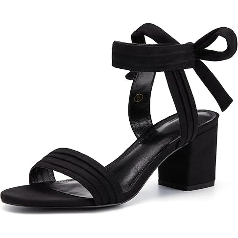 Coutgo Womens 9 Black Faux Suede Open Toe Ankle Tie Back 3" Block Heels Shoes