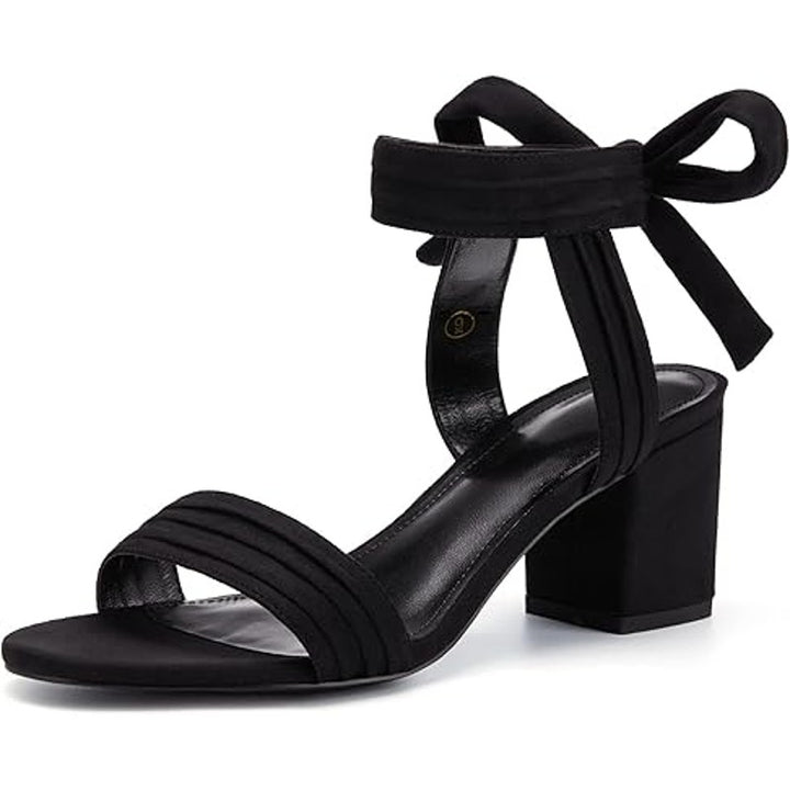 Coutgo Womens 9 Black Faux Suede Open Toe Ankle Tie Back 3" Block Heels Shoes