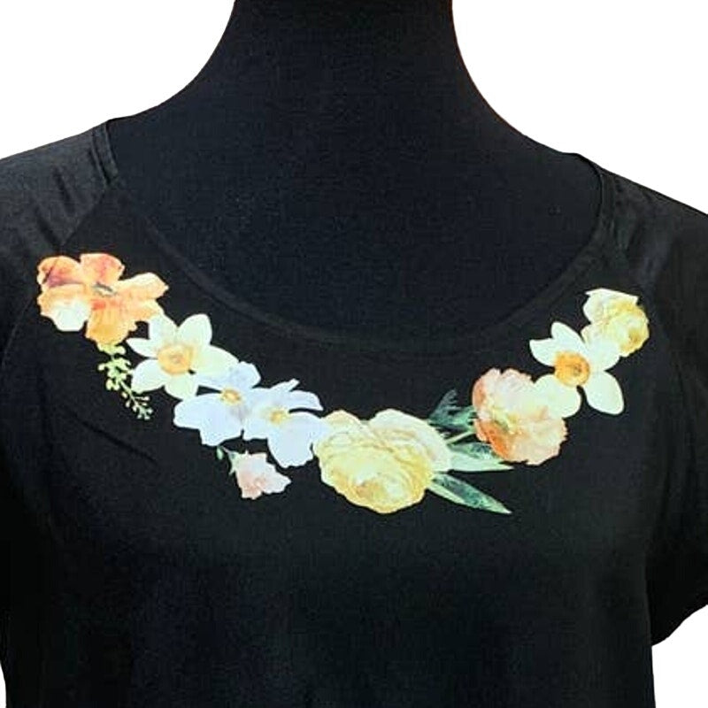 Hand Printed Upcycled Small Daffodil Rose Flower Short Sleeve Back Zip Top