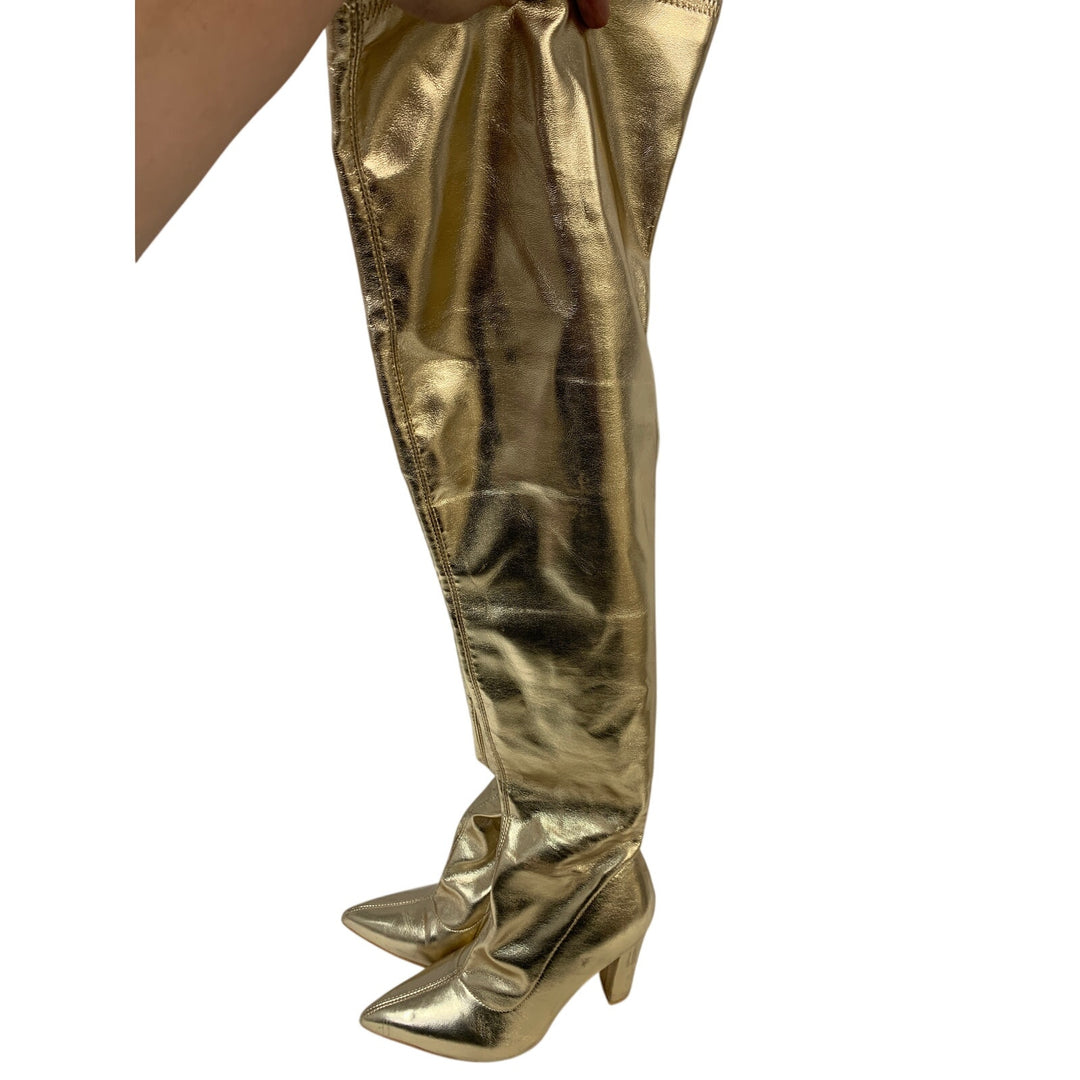 Wsheliu Womens Size 8 Gold 4" Heel Thigh High Gogo Boots Pointed Toe Shoes