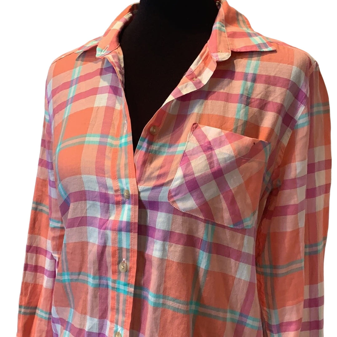 AEO Womens Small Orange Plaid Button Down 100% Cotton Button Down Shirt