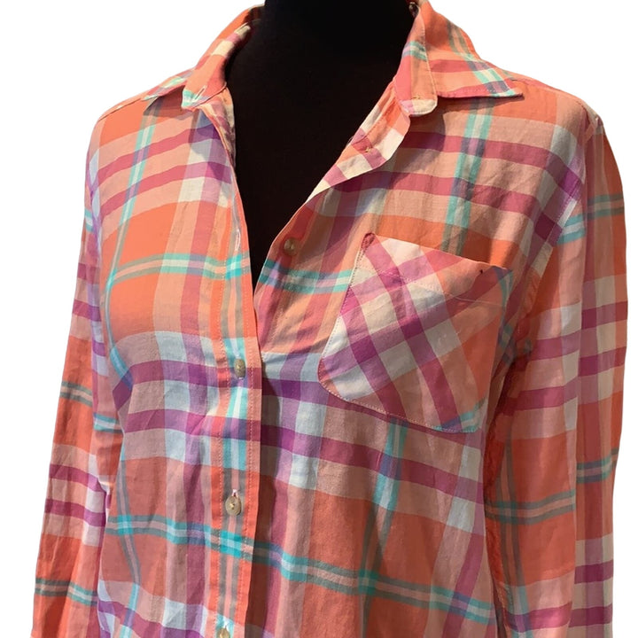 AEO Womens Small Orange Plaid Button Down 100% Cotton Button Down Shirt