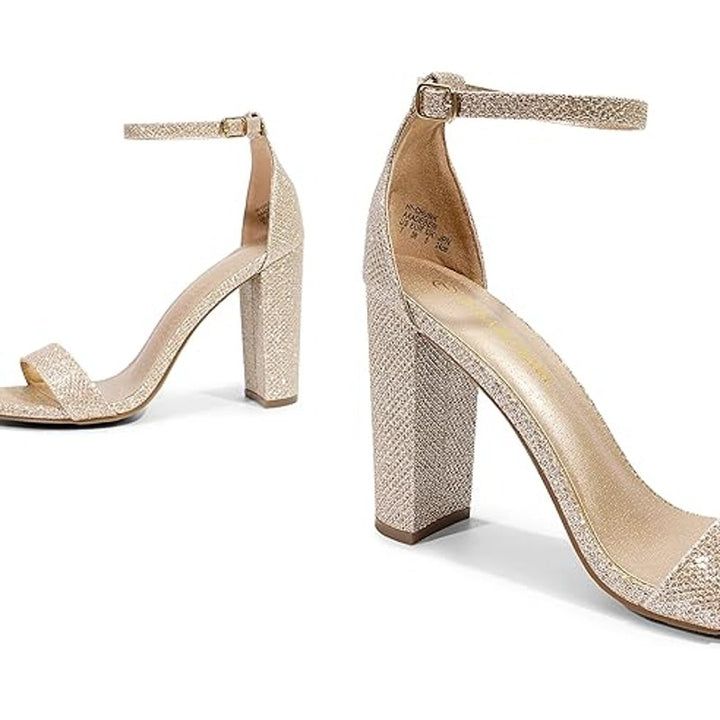 Dream Pairs Womens Size 8 Gold Glitter Open Toe 4" Block Heel Ankle Strap Shoes