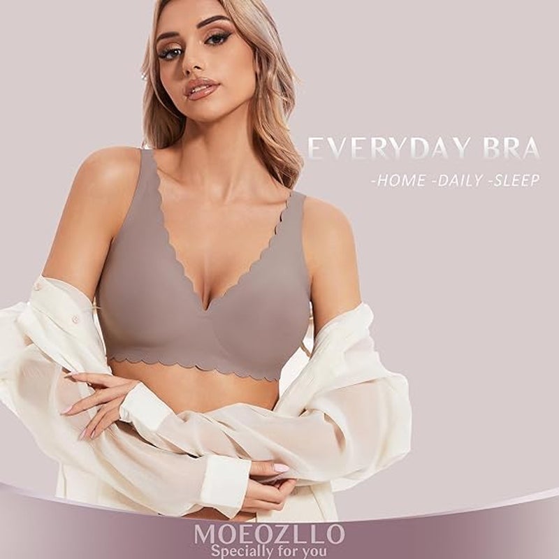 New Moeozllo Womens Large Gray Deep V Wireless Seamless Bralettes Scalloped Bra
