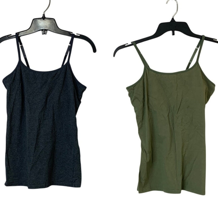 Lot of 2 Womens Small Black Olive Cotton Blend Thin Strap Shelf Bra Tank Tops